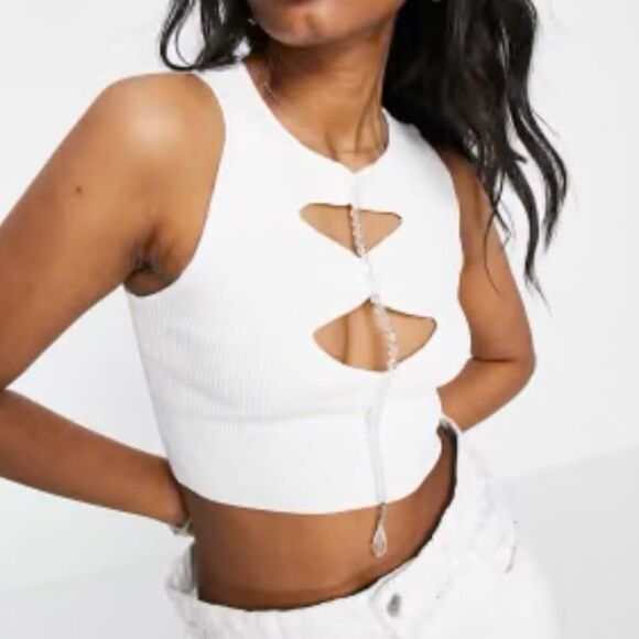 Bershka Crystal beaded detail cut out top in white - Picture 1 of 6